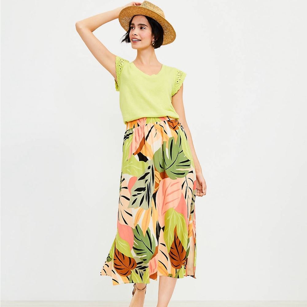 Loft Petite Palm Smocked Midi Skirt Floral Tropical Print
